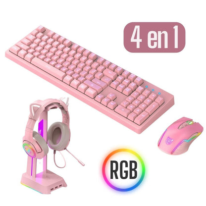 Kit Gaming Rose 4 en 1 casque + souris + clavier + accessoires